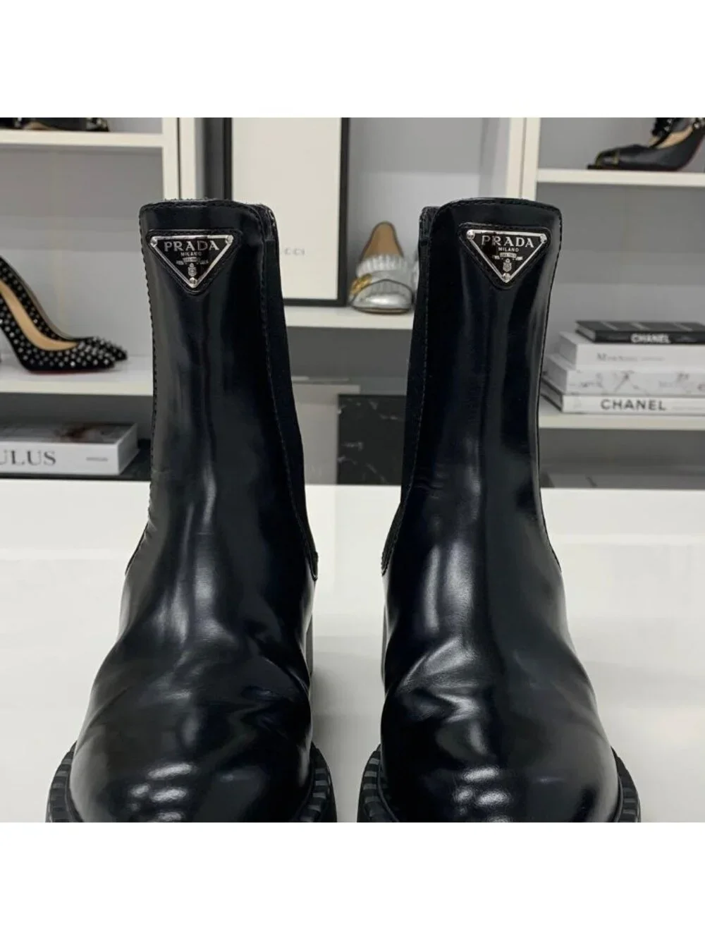 Prada Triangle Logo Leather Side Gore Short Boots Black
